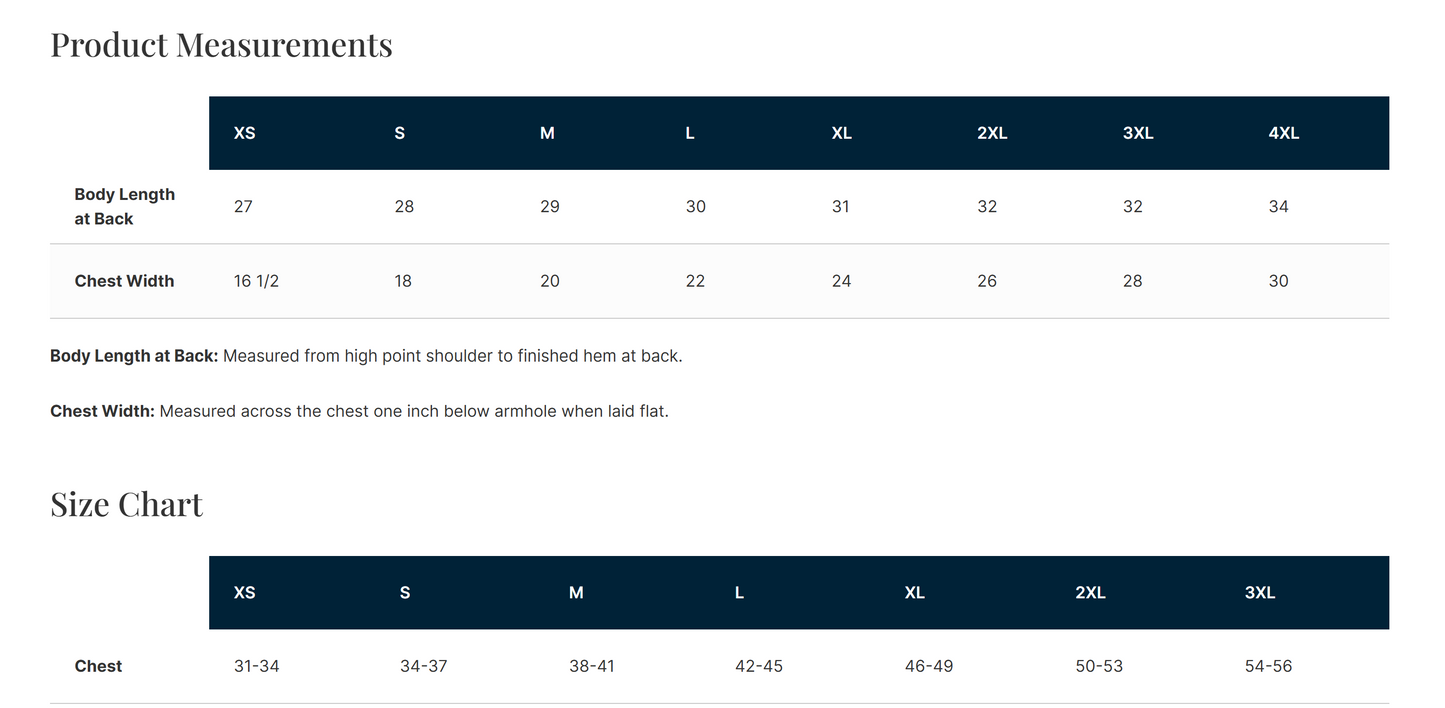Size chart for clothing measurements with body length and chest width details.