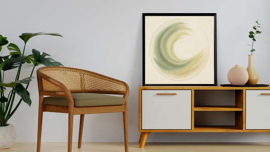 Wooden chair and cabinet with abstract art in a room setting