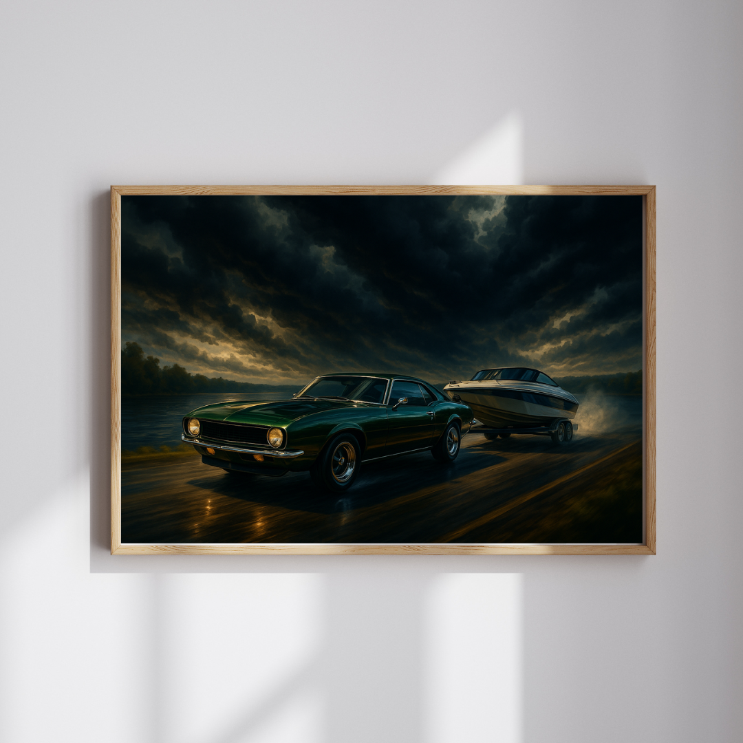 Lake Run: Green muscle car towing a speedboat at sunset along a river road.