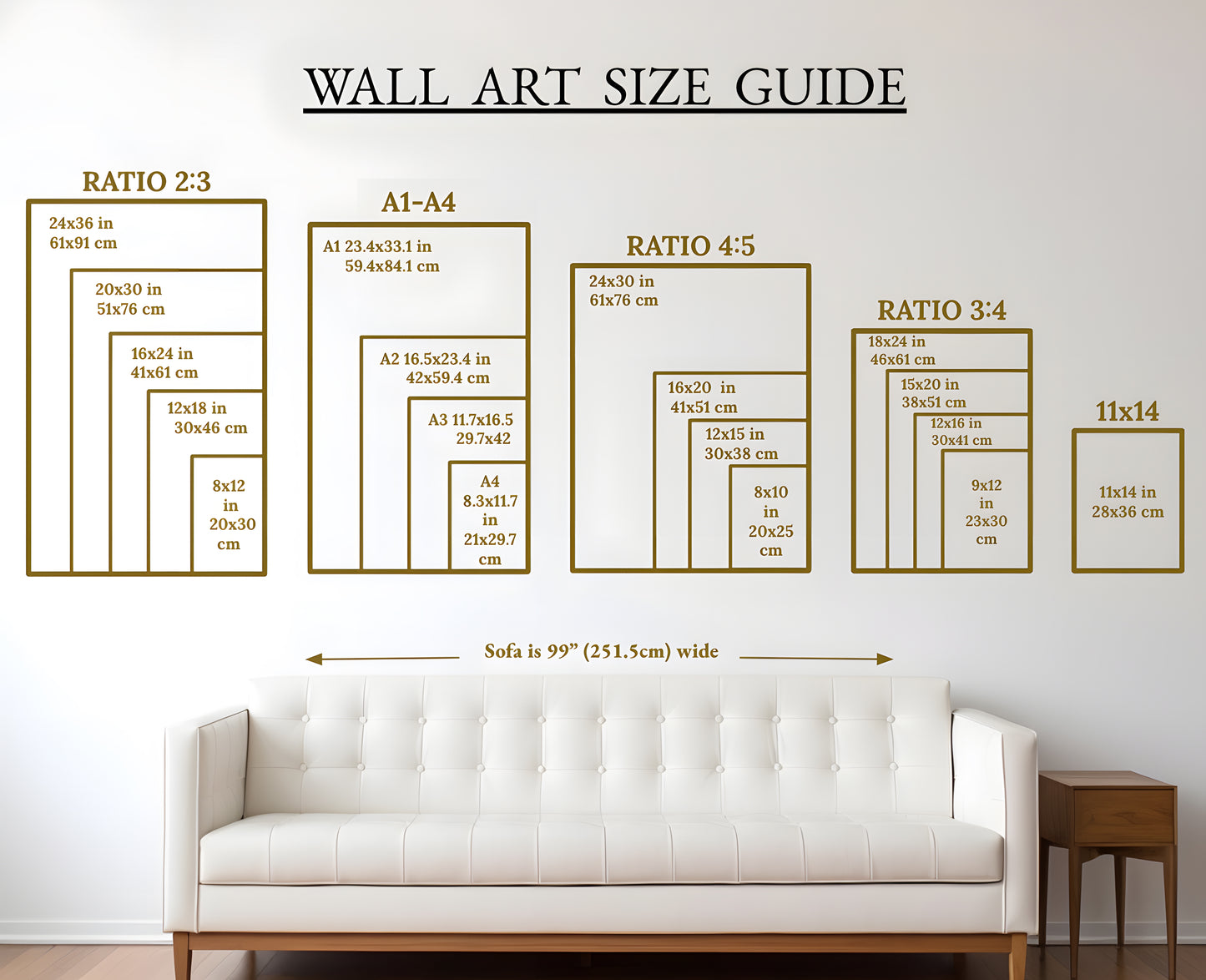Wall art size guide with various aspect ratios displayed on a wall next to a white sofa.