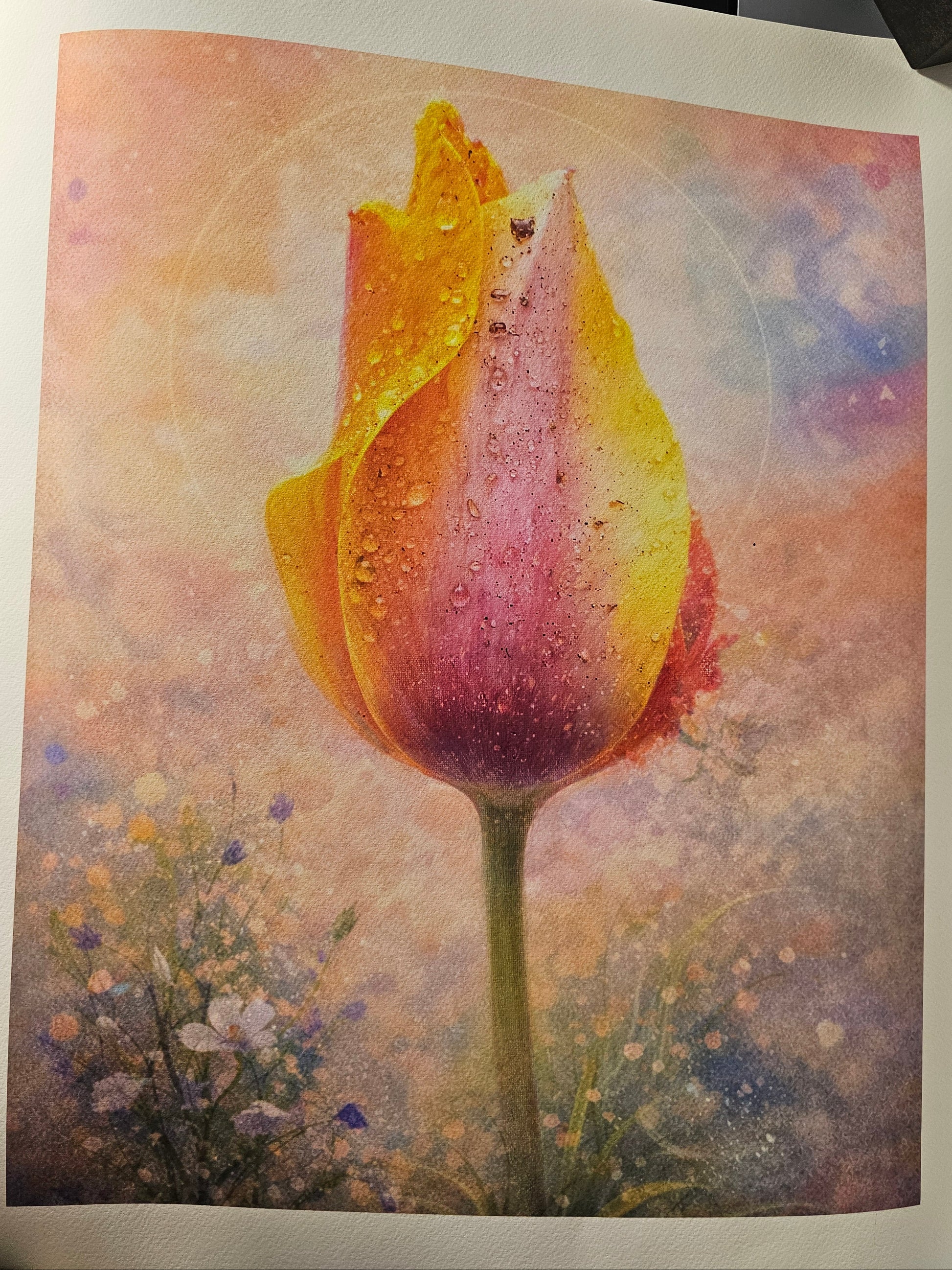 Artistic depiction of a tulip with a colorful background