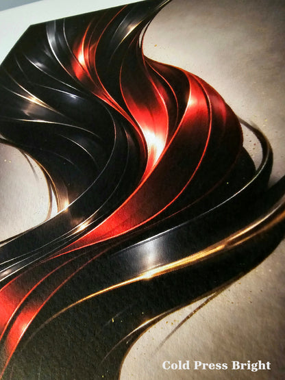 Metallic strip with wavy pattern in red, black, and gold on a concrete surface.