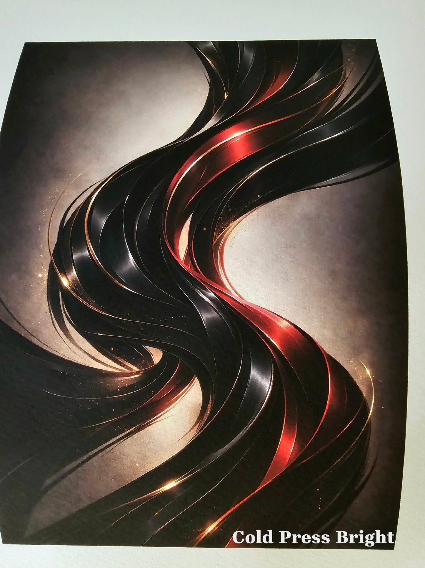 Abstract art piece with wavy lines in black, red, and gold on a dark background.