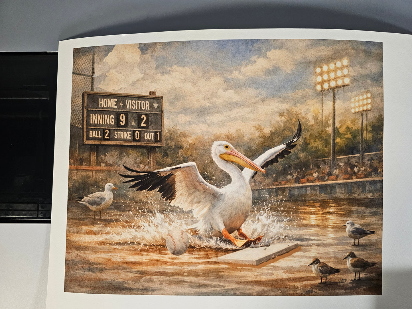 Illustration of a pelican on a baseball field with a scoreboard in the background