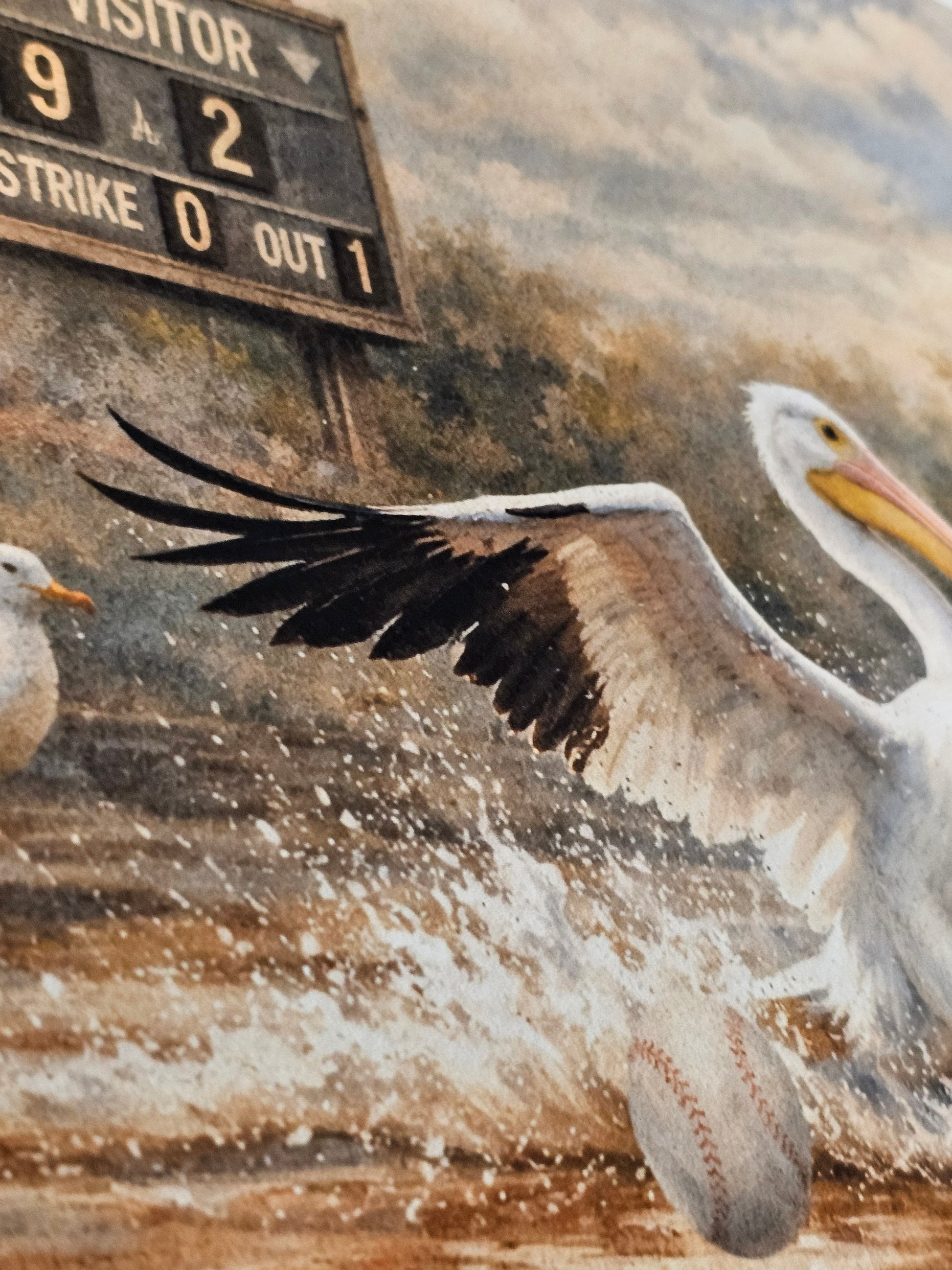 Close-up of a pelican with wings spread, set against a textured background.