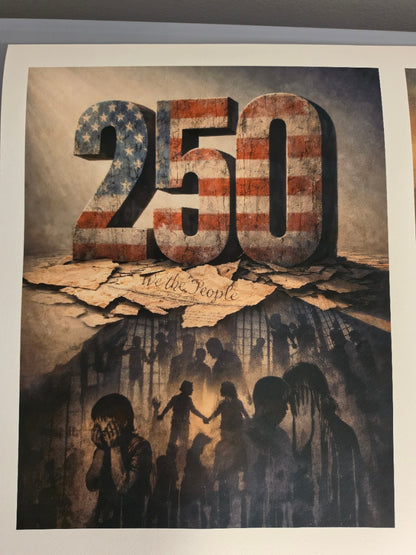 Artistic depiction of a map with 'We the People' text and American flag design.