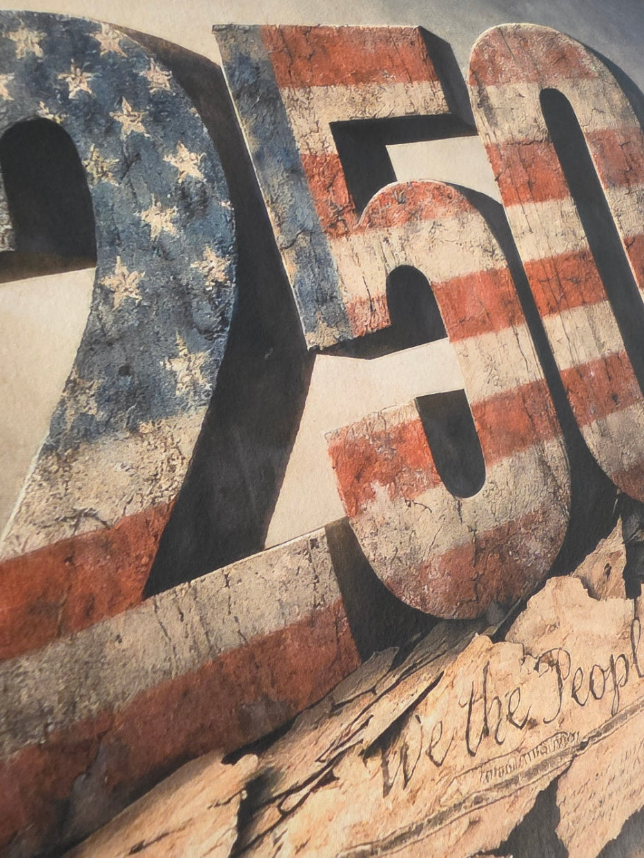 Close-up of a large letter 'L' with American flag design and text on a textured background