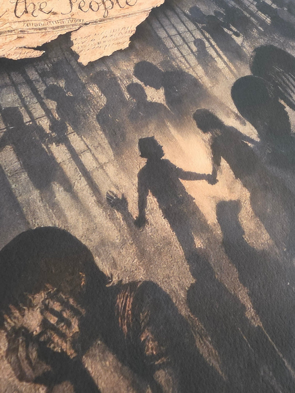 Close-up of shadows on a textured surface with a newspaper partially visible.
