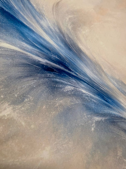 Abstract art with swirling blue and beige patterns