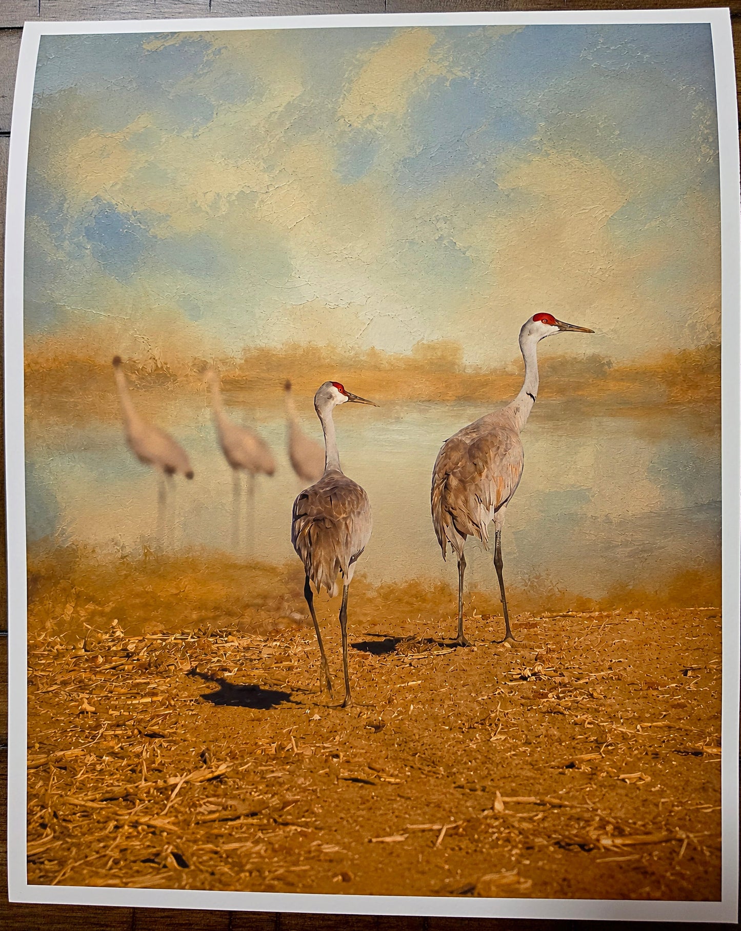 Artistic depiction of cranes on a textured surface with abstract background