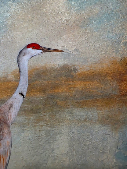 Painting of a crane with a textured background