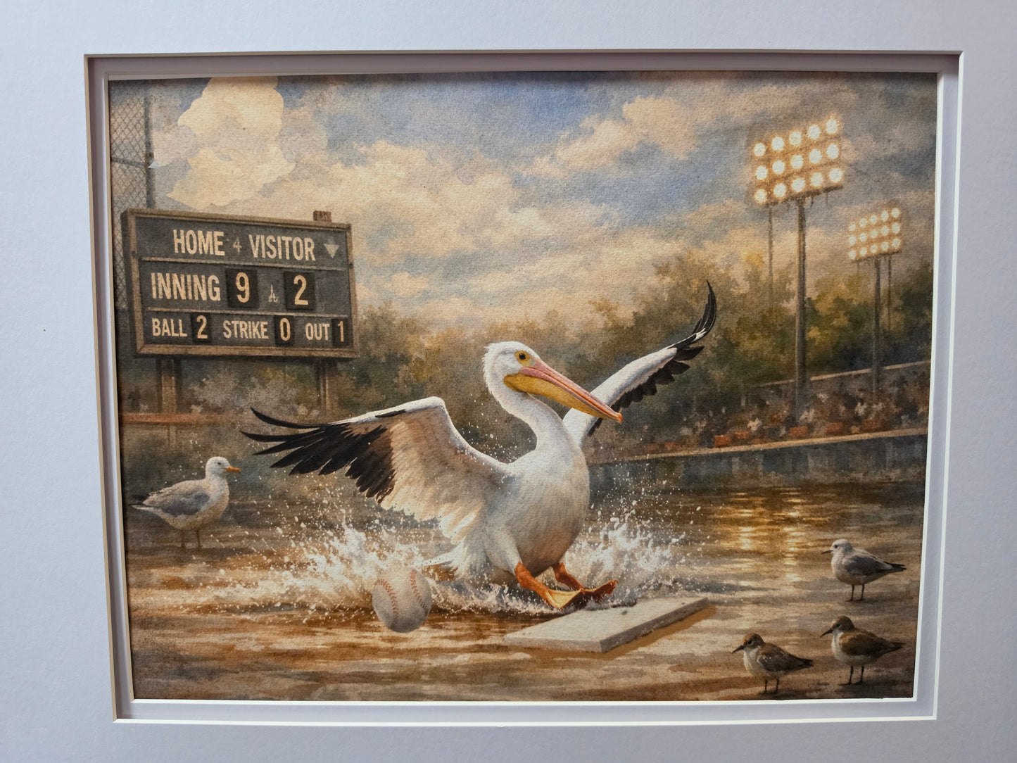 Painting of a pelican on a baseball field with a scoreboard