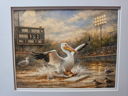 Painting of a pelican on a baseball field with a scoreboard