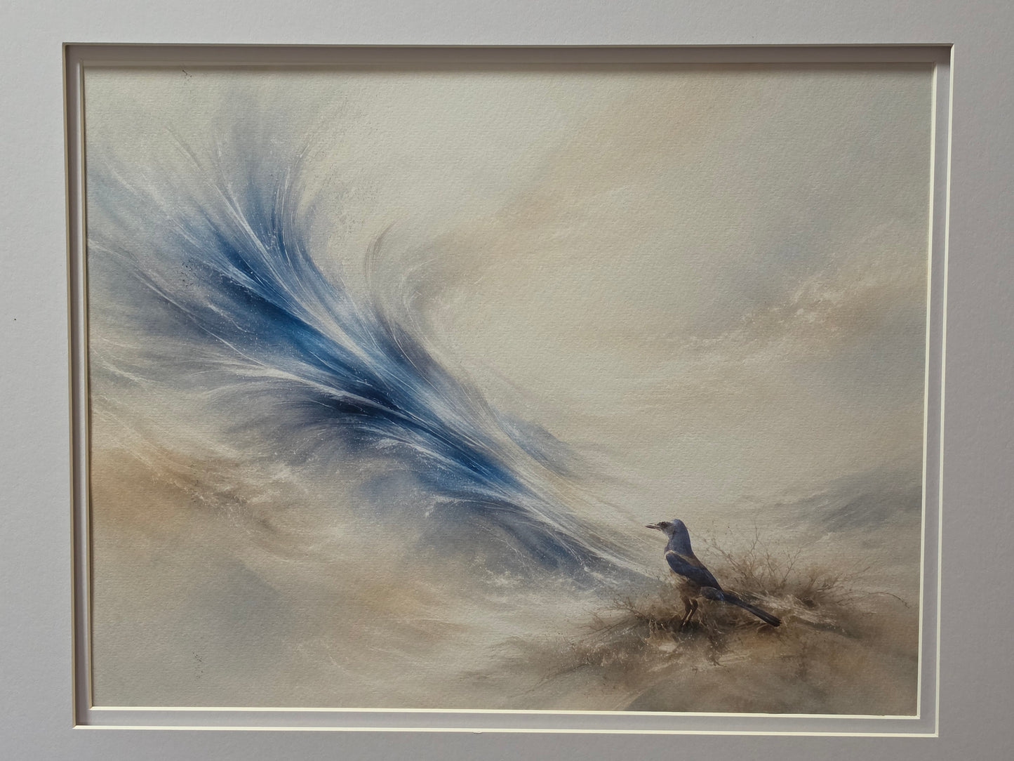Framed artwork of a bird in a natural setting with abstract blue and beige elements.