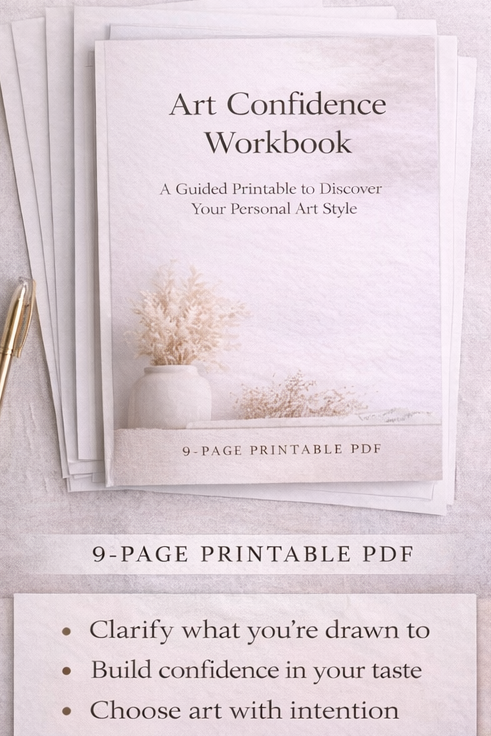 Promotional graphic for 'Art Confidence Workbook' with text and images of the workbook.