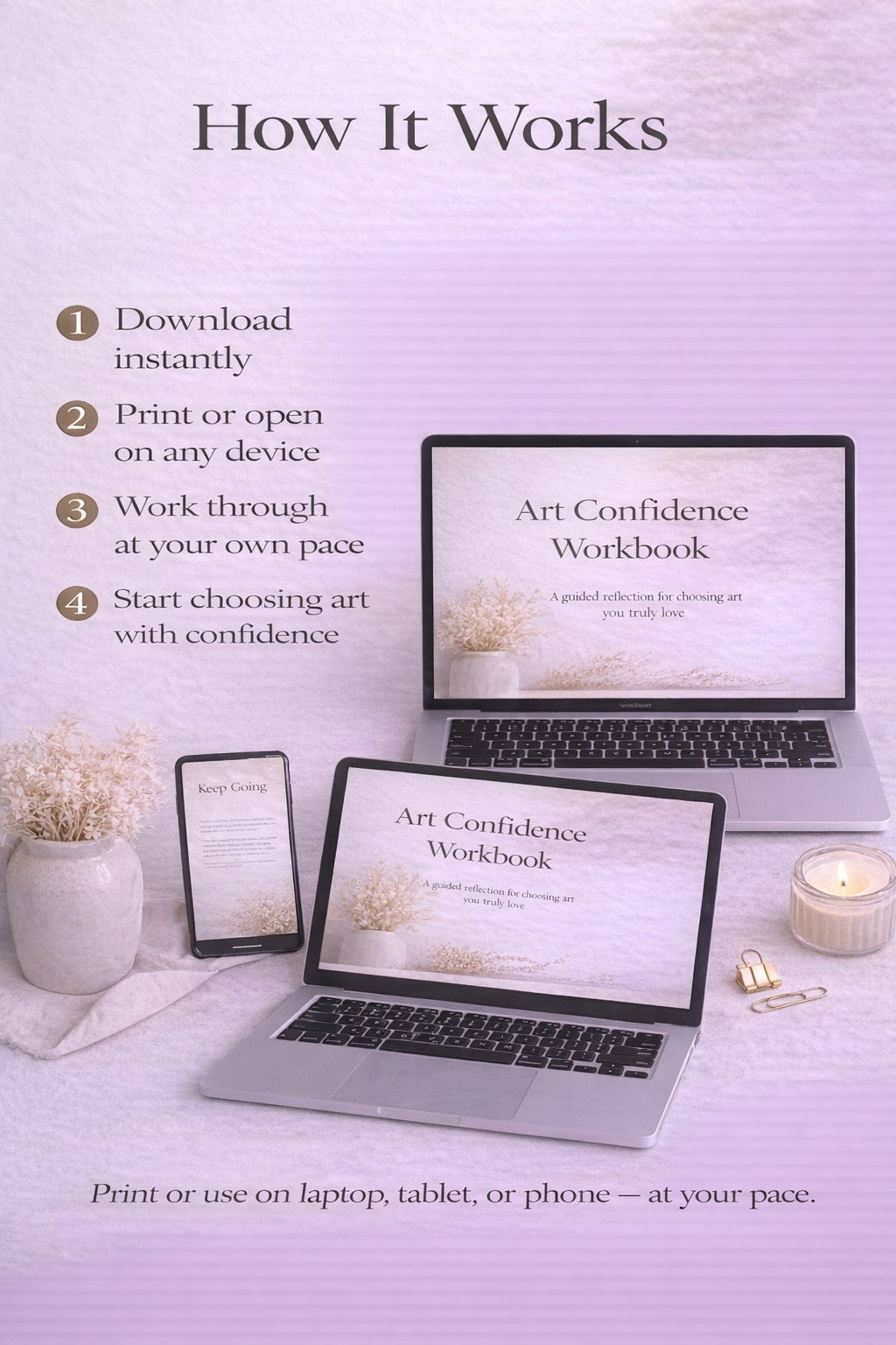 Laptop and tablet displaying 'Art Confidence Workbook' on a light purple background with text explaining the process.