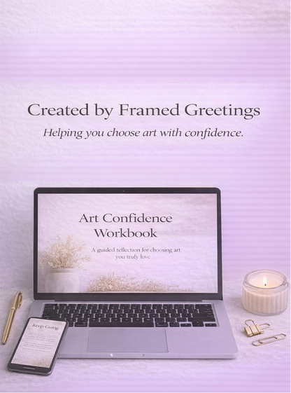 Digital download promotion with laptop displaying 'Art Confidence Workbook' on a purple background.
