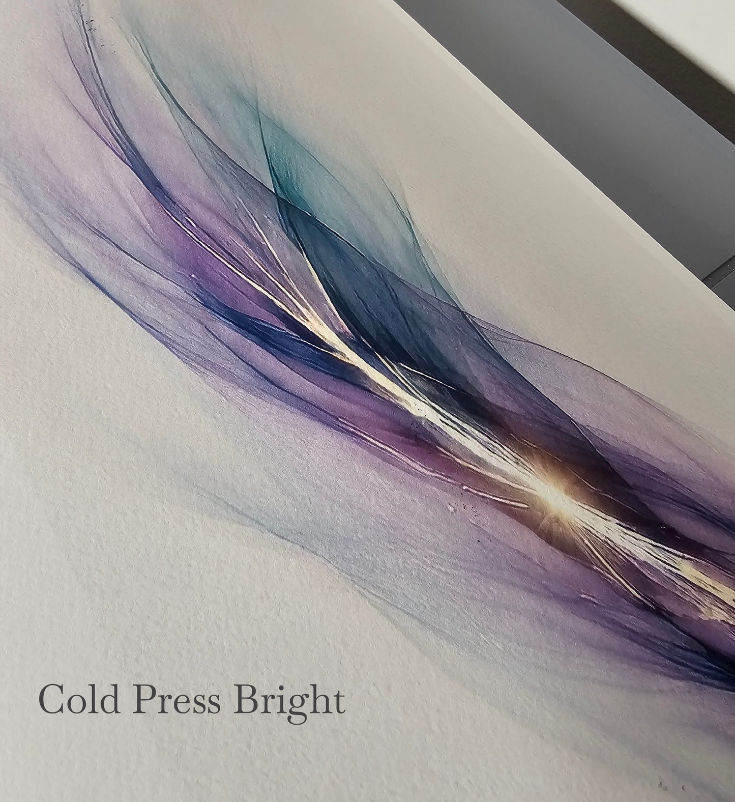 Abstract feather-like texture with 'Cold Press Bright' text on a white background