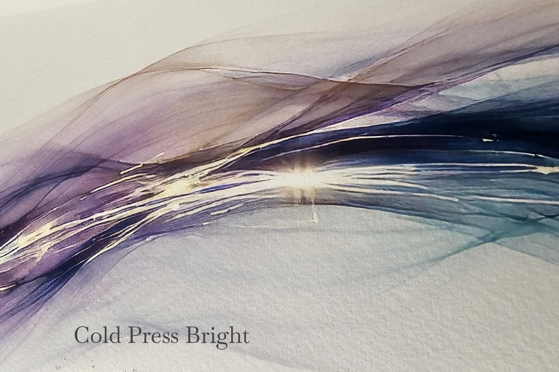 Abstract design with wavy lines and a bright light source on a gradient background, featuring the text 'Cold Press Bright'.