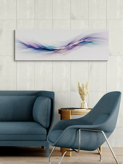 Modern living room with blue sofa and chair, abstract painting on wall