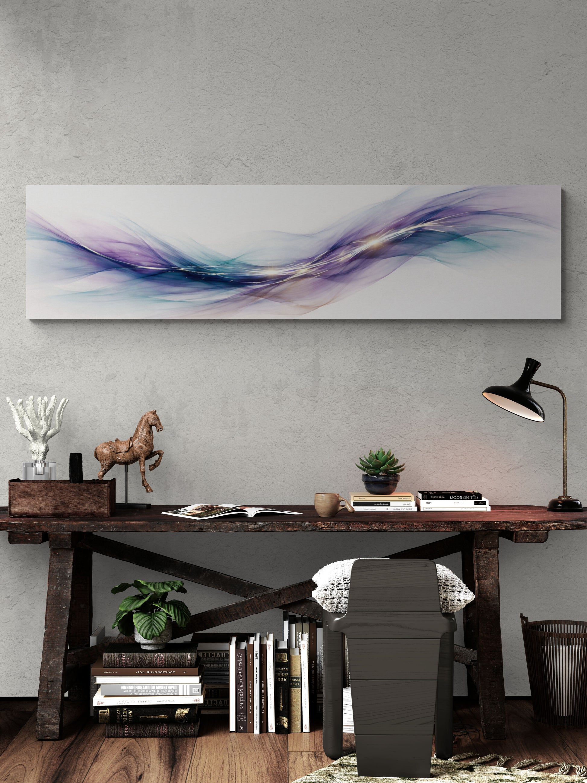 Modern office interior with a long abstract painting on the wall, wooden desk, and chair.