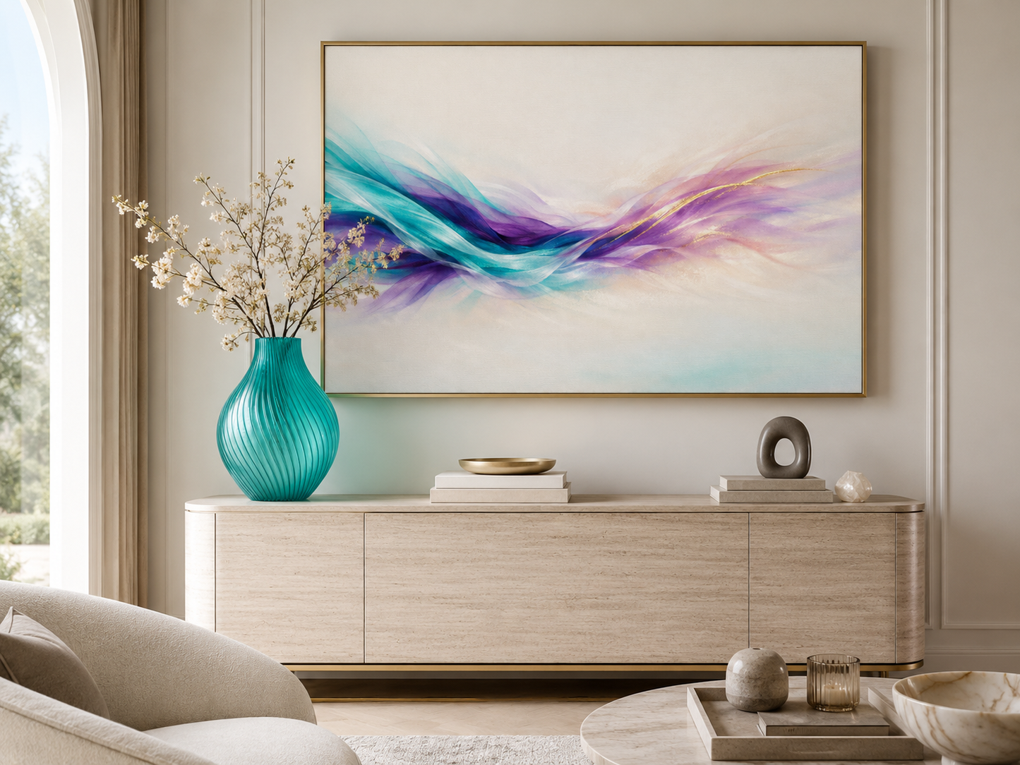 Modern living room with a console table, vase, and abstract painting.
