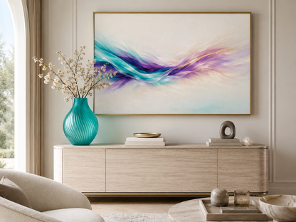 Modern living room with a console table, vase, and abstract painting.