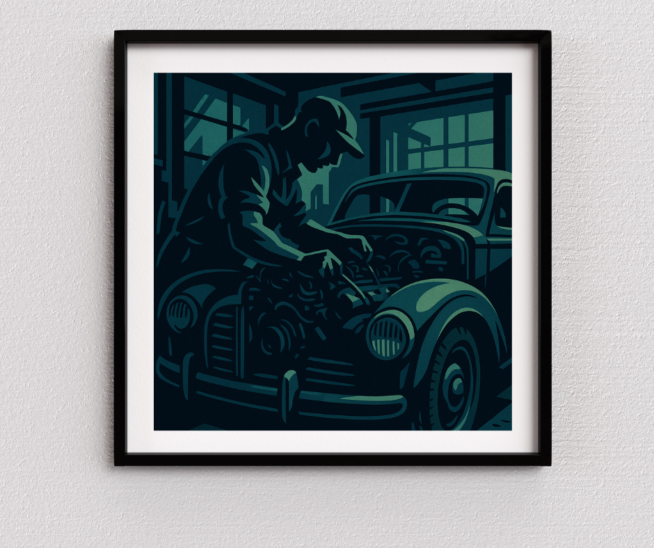 Blueprint Wrenchwork: Graphic illustration of a mechanic working under the hood.