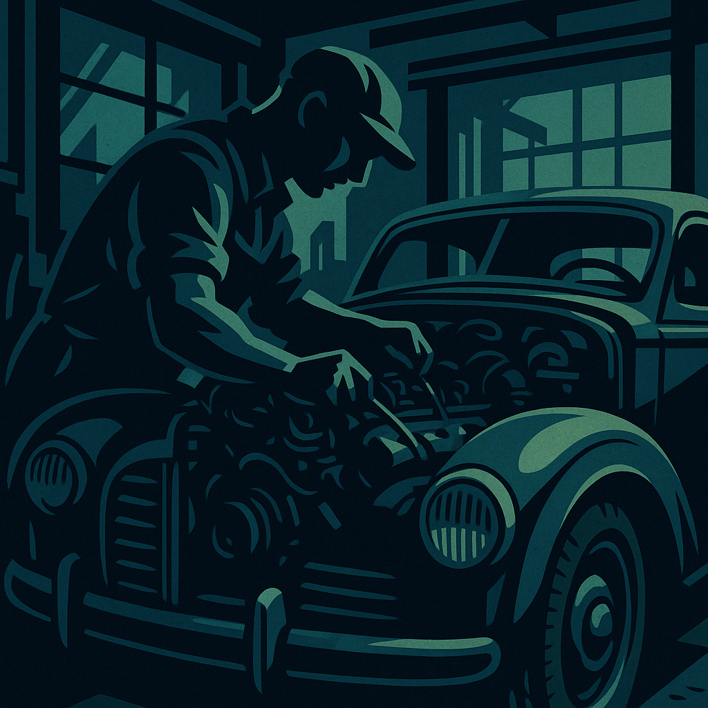 Blueprint Wrenchwork: Graphic illustration of a mechanic working under the hood.