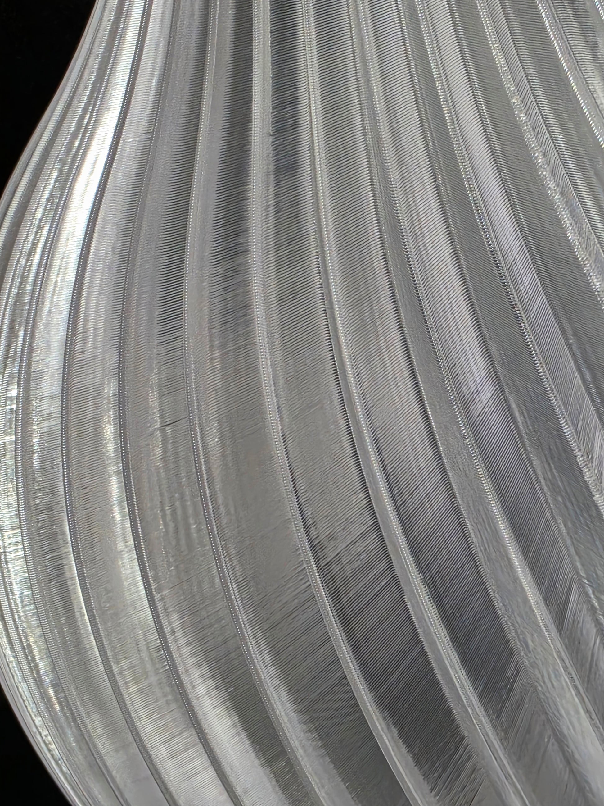 Close-up of a textured clear vase with concentric circular patterns