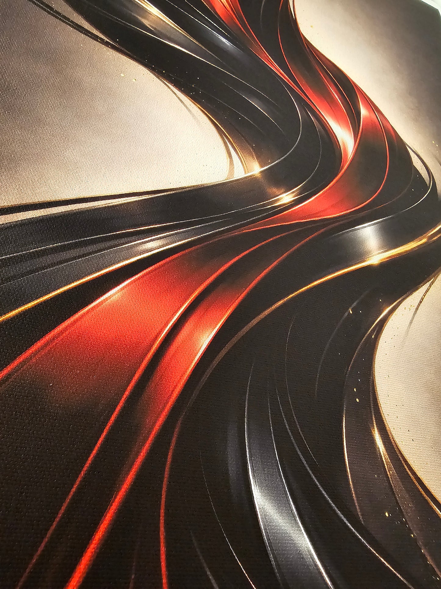 Abstract design with wavy red and black lines on a metallic surface
