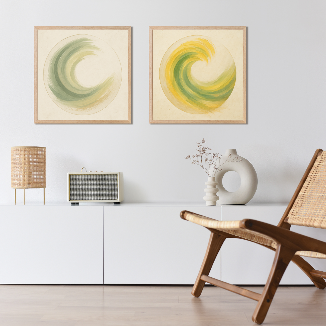 Modern living room with abstract wall art, a chair, and a lamp.