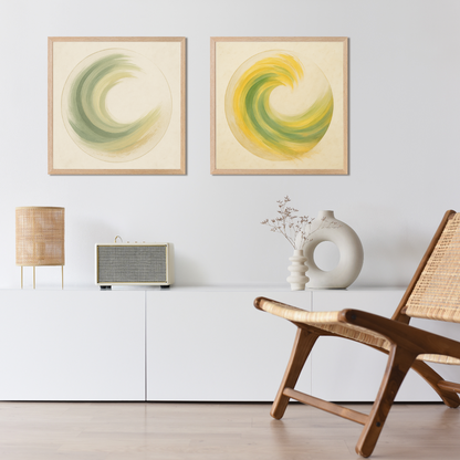 Modern living room with abstract wall art, a chair, and a lamp.