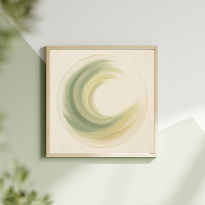 Framed abstract artwork with green and yellow circular design on a light background