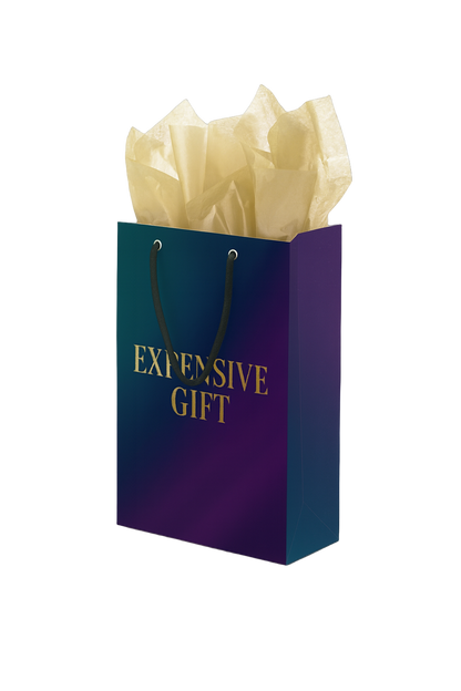 Blue gift bag with 'EXPENSIVE GIFT' text and beige tissue paper on a white background