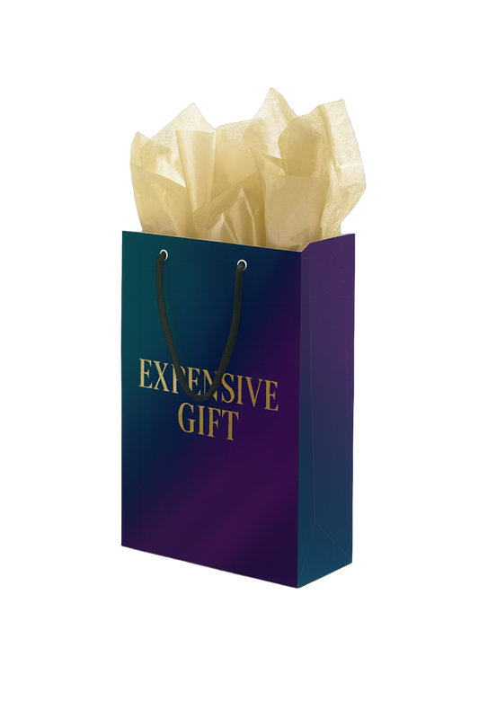 Blue gift bag with 'EXPENSIVE GIFT' text and beige tissue paper on a white background
