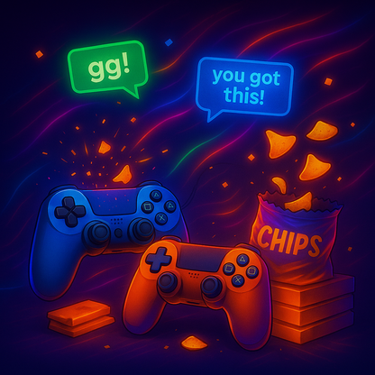 Neon gaming controllers with chips and motivational text on a dark background