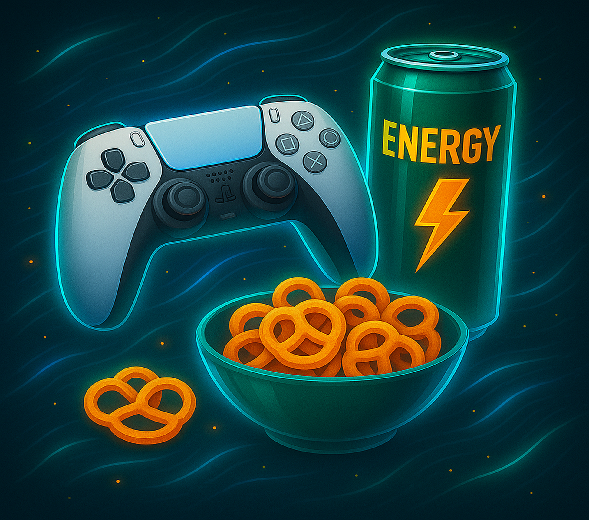 Gaming controller, bowl of pretzels, and energy drink can on a dark background
