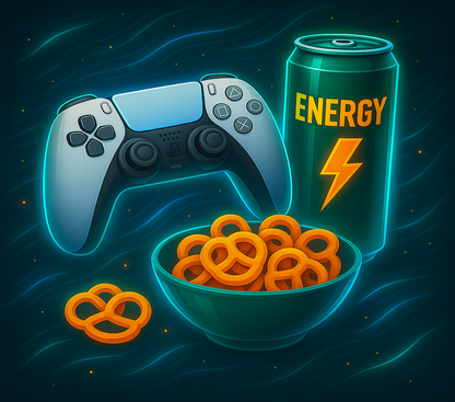 Gaming controller, bowl of pretzels, and energy drink can on a dark background