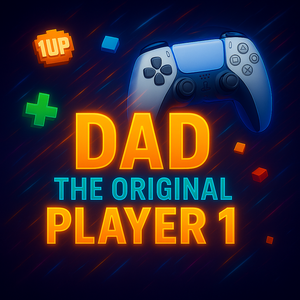 Gaming controller with 'DAD THE ORIGINAL PLAYER 1' text on a dark background