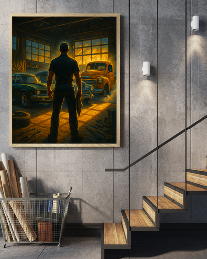 Garage Light: Mechanic standing in a sunlit garage with classic cars and tools.