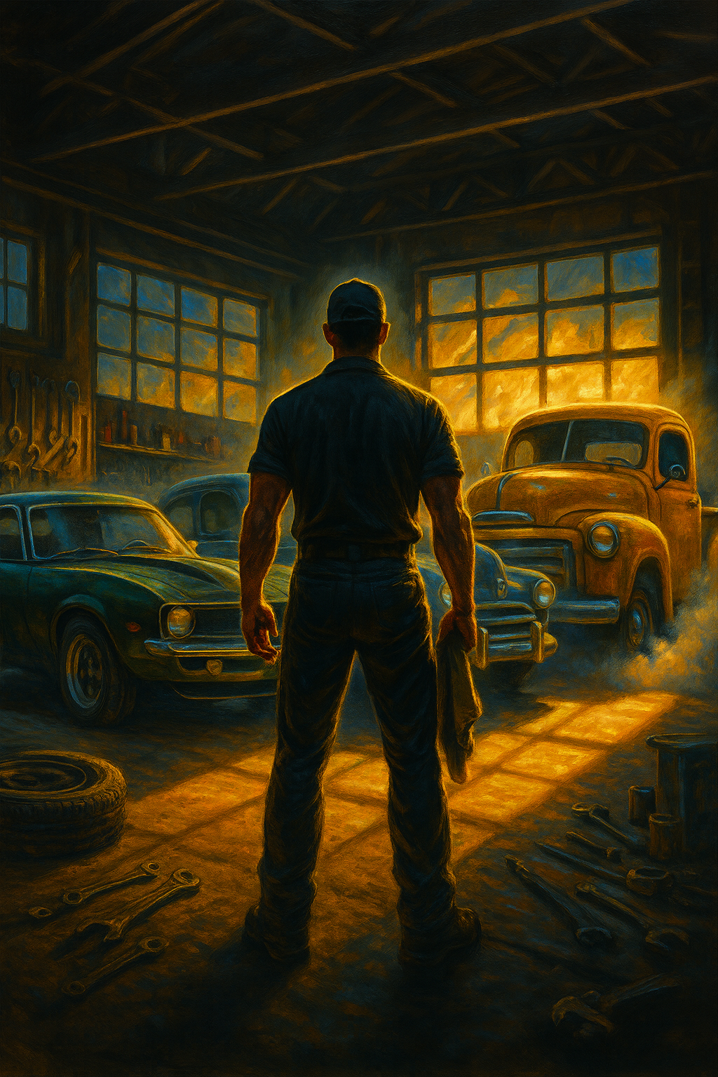 Garage Light: Mechanic standing in a sunlit garage with classic cars and tools.
