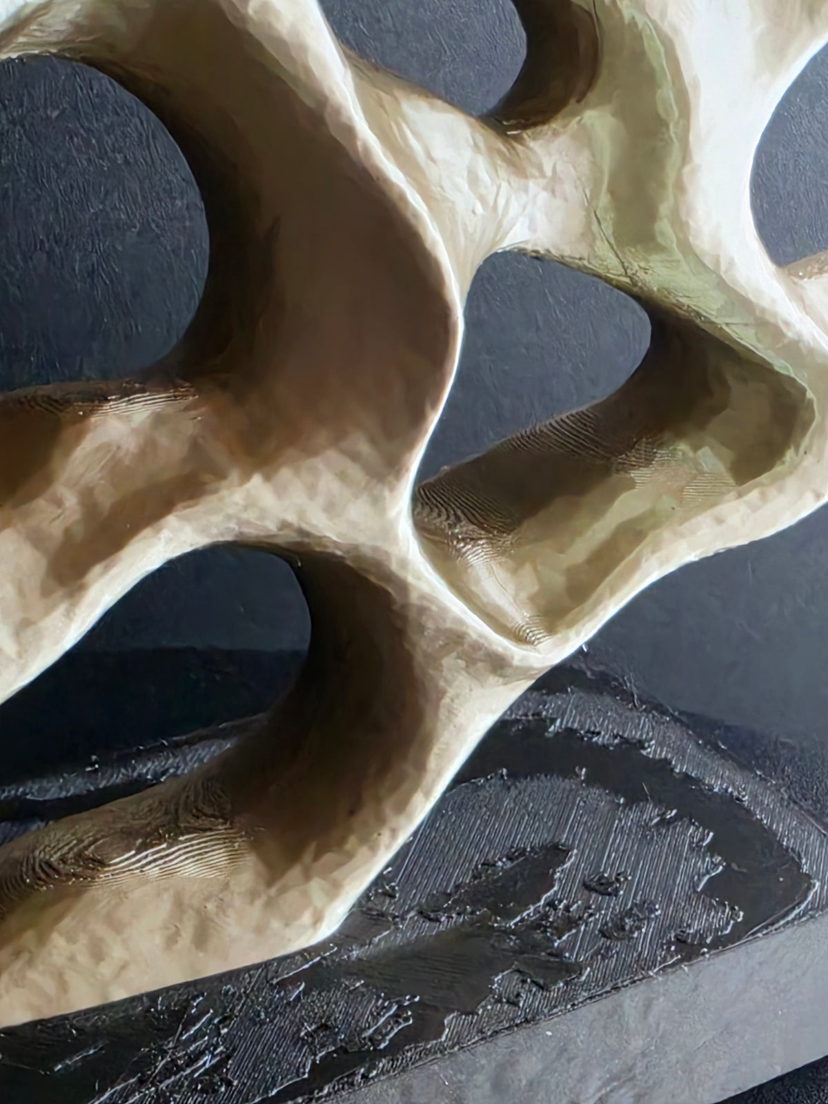 Abstract organic sculptural object with flowing open curves and textured beige surface, photographed close-up against a dark charcoal background.
