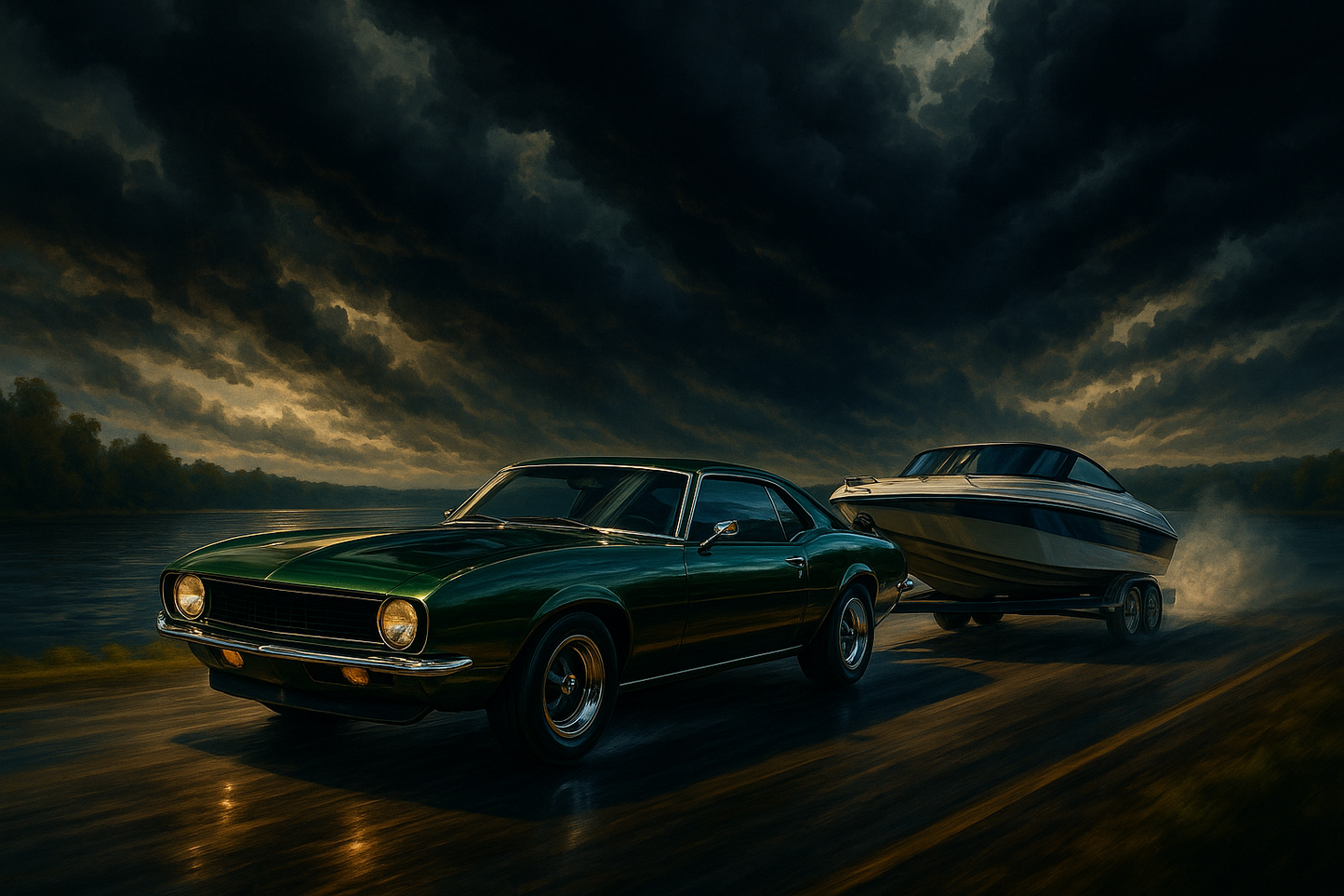 Lake Run: Green muscle car towing a speedboat at sunset along a river road.