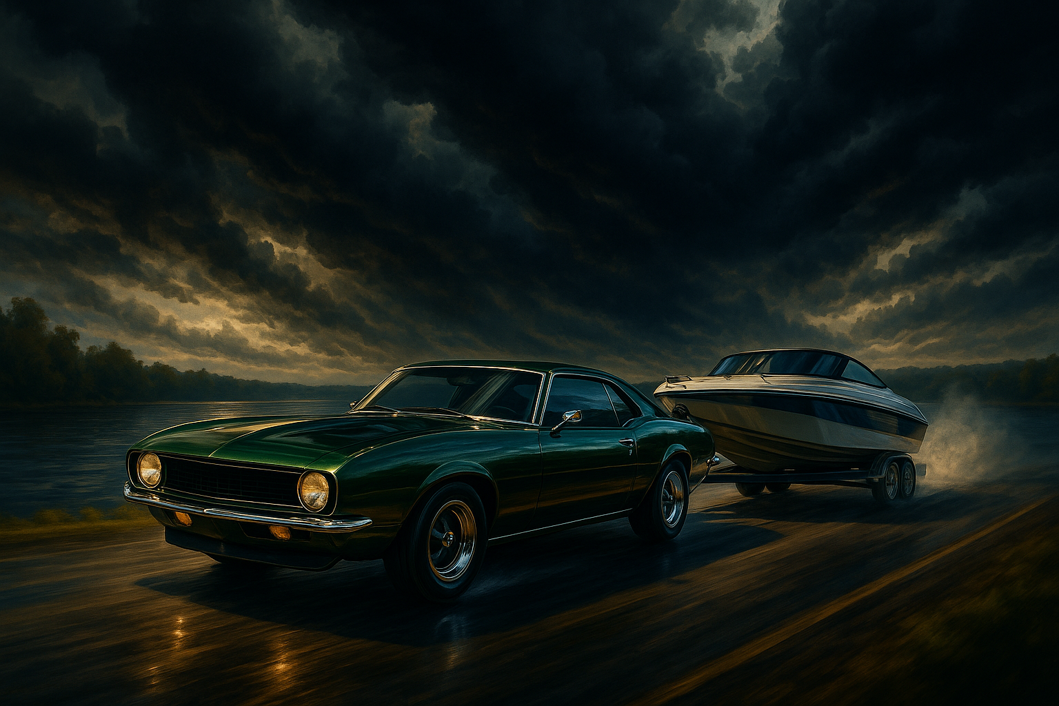 Lake Run: Green muscle car towing a speedboat at sunset along a river road.
