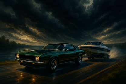 Lake Run: Green muscle car towing a speedboat at sunset along a river road.