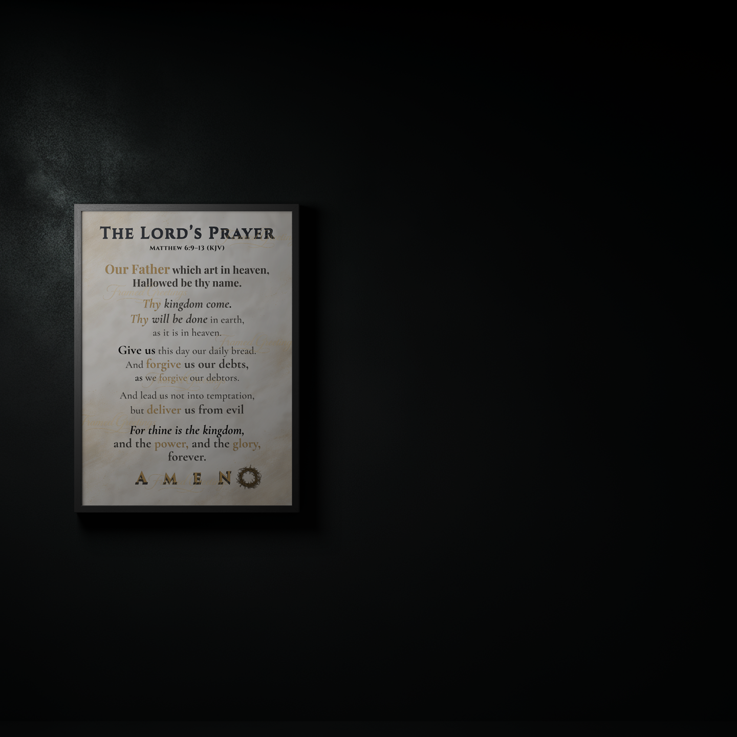 Wooden plaque with 'The Lord's Prayer' printed on it against a dark background