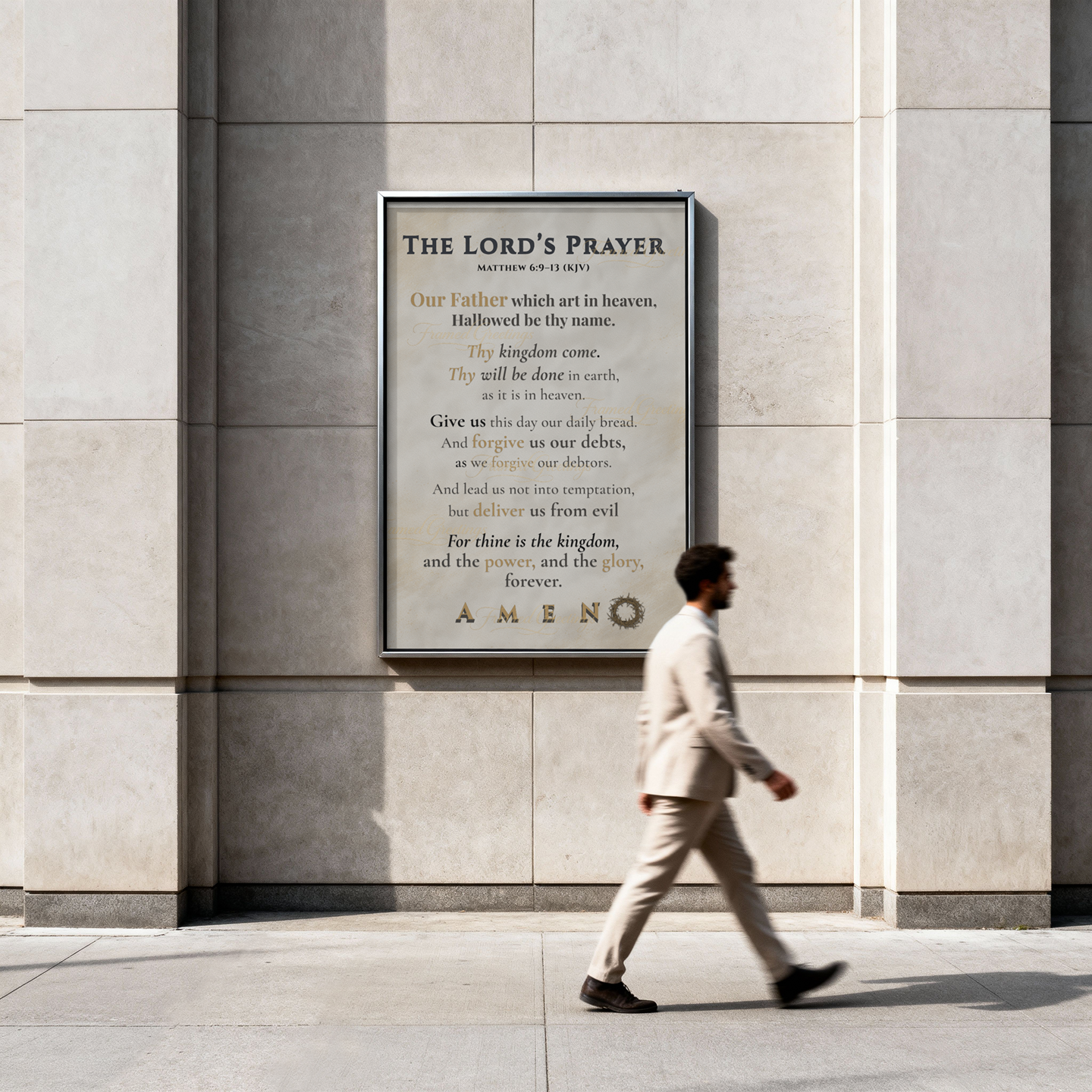 Man walking past a building with a framed 'The Lord's Prayer' on the wall