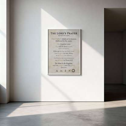 Framed 'The Lord's Prayer' poster on a white wall with sunlight casting shadows.