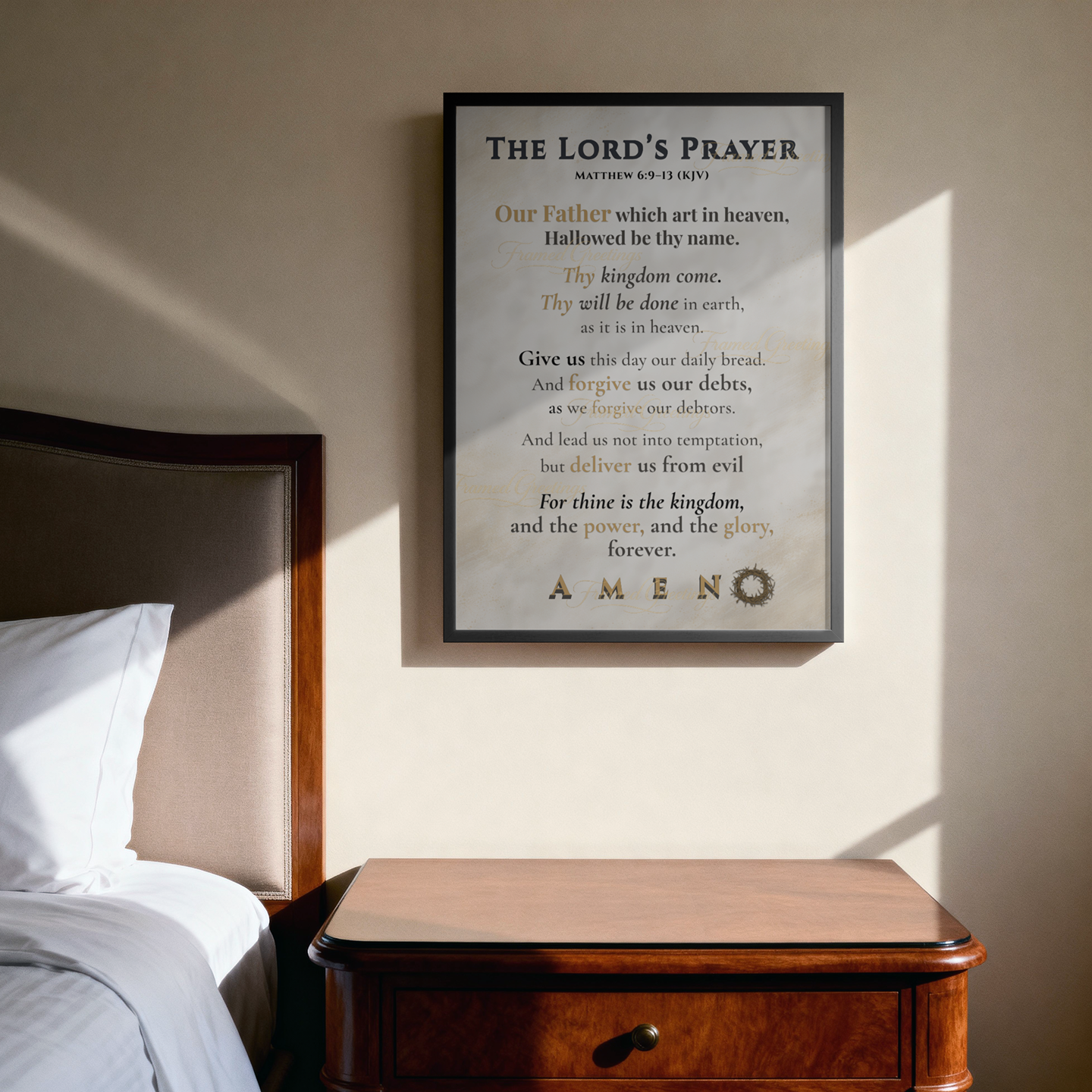 Framed 'The Lord's Prayer' on a wall above a bed and nightstand.
